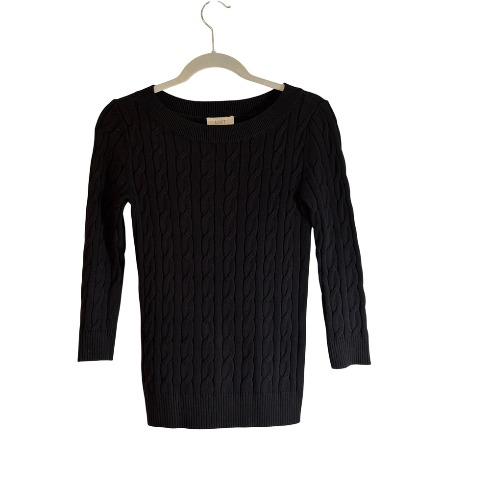 LOFT Sweater Black XS Womens Cable Knit 3/4 Sleeve Scoop Neck 381127